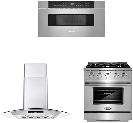 COSMO 3-Piece Kitchen Appliance Packages, 30" Microwave Drawer No Handle with 1000 Watts Cooking Power, 30" Wall Mount Range Hood and 30" Gas Range