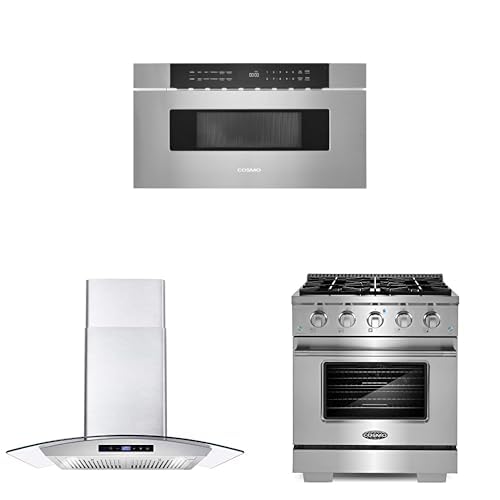 COSMO 3-Piece Kitchen Appliance Packages, 30" Microwave Drawer No Handle with 1000 Watts Cooking Power, 30" Wall Mount Range Hood and 30" Gas Range