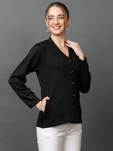 Image of Wear lusso Women's Woolen V-Neck Buttoned Full Sleeve Cardigan Self Design Soft Wool Fabric Winter Wear Pure Wool Sweater with Pockets Stylish Outdoor and Office Wear Girls