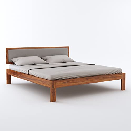 Image of Ganpati Arts Solid Sheesham Wood King Size Bed Without Storage and Upholstered Headboard | Wooden Double Bed Cot Palang Furniture for Bedroom, Living Room, Home (Natural Finish) 1 Year Warranty