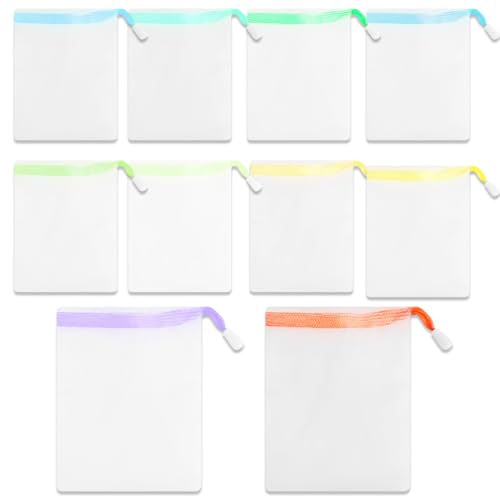 WeddHuis 10 Pièces Filet à Savon en Nylon, Sac à Savon Exfoliant pour Savon Solide, Nettoyage du Visage et Bain, Filets à Mousse avec Fermeture à Cordon, 11 x 9 cm