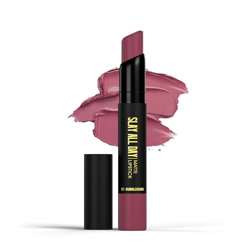 Image of Hilary Rhoda Slay All Day Matte Lipstick | Transfer-proof & Smudge-proof | Long-Lasting & Premium Creamy Lipstick | Waterproof & Vibrant Colour lipstick | 2.6g (Bubblegum - Shade 01)
