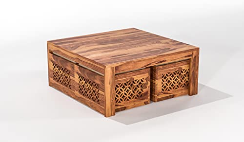 Image of Sheeshsam Wooden Coffee Table with 4 Stools for Living Room - Solid Wood Coffee Table with Cushion Seating Stools Tea Table Teapoy Center Piece for Home Sofa Center Table (Kaine Honey)
