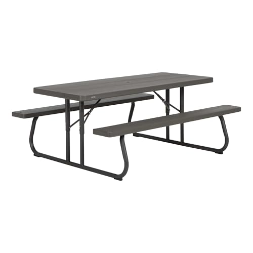 LIFETIME 6‑Foot Classic Folding Picnic Table, UV Protected Tabletop, Steel Frame, Seats 8, Weather & Rust Resistant, Flat Folding Outdoor Picnic Table with Umbrella Hole