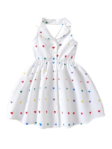 Girls Summer Halter Dress with Polo Collar – Sleeveless Rainbow Heart Print Backless Sundress, Ages 4–7, White Casual Outfit