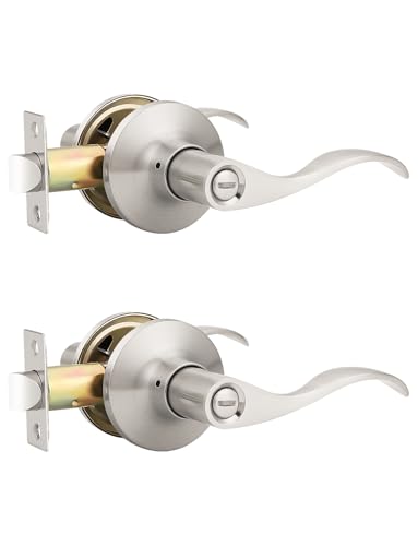 Image of Mengico 2 Pack Satin Nickel Privacy Door Lever, Modern Interior Door Knobs Locks for Bedroom and Bathroom, Heavy Duty Door Handle, Reversible Wave Lever Handle