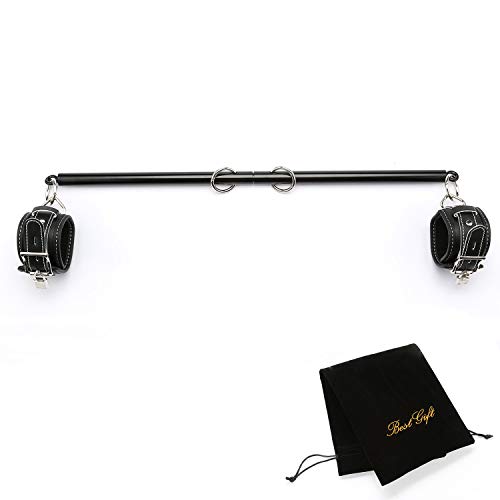 EXREIZST Adjustable Silver Spreader Bar with 2 Black Leather Straps Soft Pad Sports Exercise Aid Training Set Kit (Black/Black)