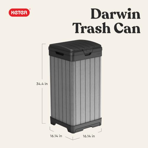 Image of Keter Darwin Outdoor Trash Can, 38 Gallon Weather-Resistant Resin Waste Bin with Lid, Wood-Look Design for Patio, Deck, Porch & Backyard