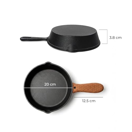 Image of HomeEssentials 20cm Non-Stick Cast Iron Skillet Pan with Silicone Sleeve | Pre-Seasoned Frying Pan, Mini Cast Iron Pan, For Omelette | Induction Friendly | Naturally Nonstick, 100% Pure & Toxin-Free