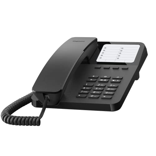 Gigaset Desk 400 - Teléfono con Cable elástico para Ahorrar Espacio - 10 entradas de marcación Corta - Rellamada - Compatible con audífonos - MFV o selección de Pulso Ajustable - Negro