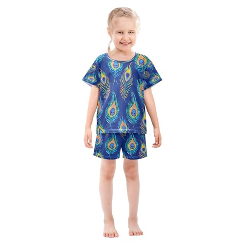 senya Short Sleeve Pajamas Sets Summer Cotton Sleepwear Peacock Feathers Blue Background3