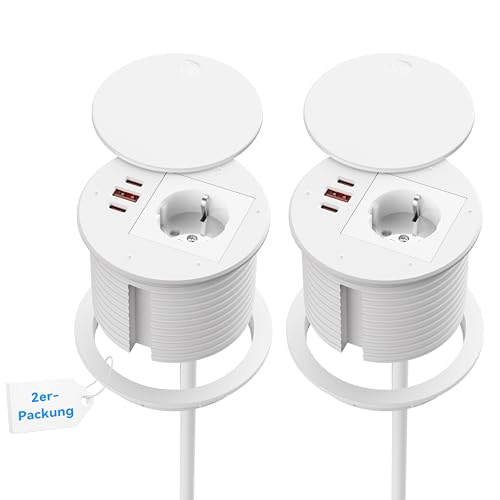 2er-Pack Einbausteckdose USB C PD 35W und Deckel, Tischsteckdose Versenkbar Rund for Schreibtisch, Weiß