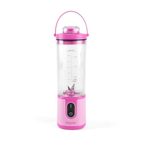 Salter ActiBoost Batidora Portátil Inalámbrica - 450ml, Función Pulso, Cuenta Atrás de 40 Segundos, Libre de BPA, Acero Inoxidable, Incluye Cubierta para Cuchilla y Base para Botella, 100W, Rosa