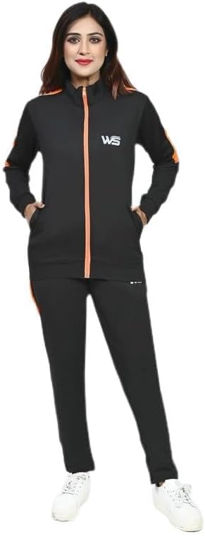 World SportsTrack Suit For Women | Collar Neck Tracksuit For Women | Suitable for Yoga, Jogging & Gym | Workout Clothes (Black-Ornage, M)
