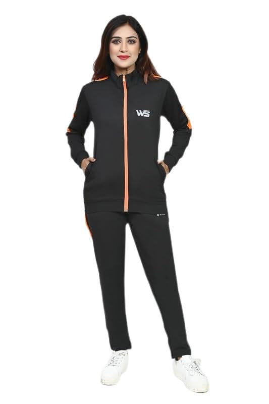 World SportsTrack Suit For Women | Collar Neck Tracksuit For Women | Suitable for Yoga, Jogging & Gym | Workout Clothes (Black-Ornage, M)