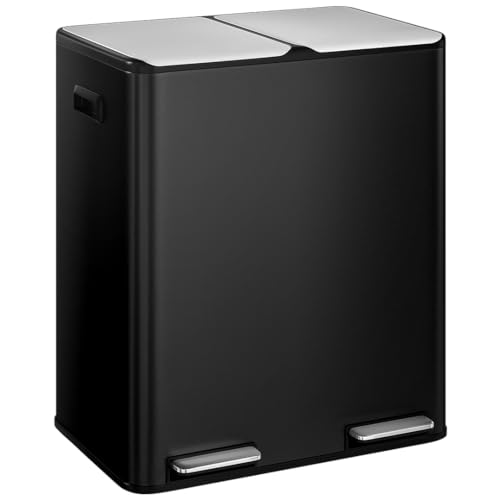 STEELSØN Elyron Mülleimer 2 Fächer Mülltrennsystem Küche 2x30L aus Edelstahl Schwarz Tretmülleimer mit Soft-Close & Geruchsfilter Abfalleimer mit Inneneimern für Recycling & Restmüll