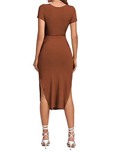Image of LYANER Women's Twist Front Cut Out Split Hem V Neck Short Sleeve Knit Bodycon Midi Dress