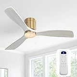 Sofucor 52 Inch Solid Wood Ceiling Fan Without Lights Flush Mount Ceiling Fans with Remote Control, Wood Blades Modern Outdoor Ceiling Fan No Light for Bedroom/Farmhouse/Patio/Indoor, Grey Gold