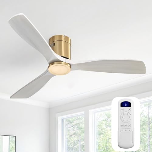 Sofucor 52 Inch Solid Wood Ceiling Fan Without Lights Flush Mount Ceiling Fans with Remote Control, Wood Blades Modern Outdoor Ceiling Fan No Light for Bedroom/Farmhouse/Patio/Indoor, Grey Gold