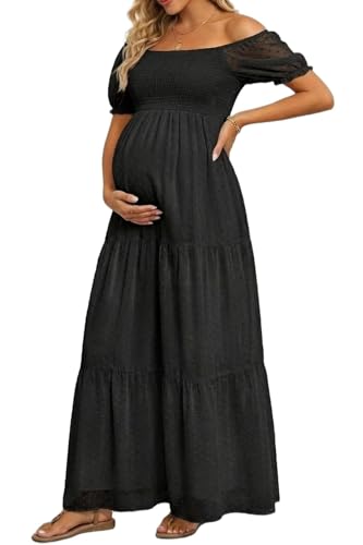 Image of Off The Shoulder Maternity Dress for Baby Shower - Women's Boho Swiss Dot Smocked Puff Sleeve Maxi Dress