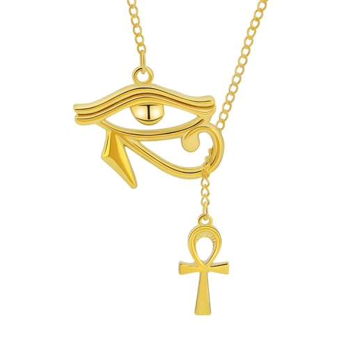 MUNORIAY Eye of Horus Ankh Cross Necklace for Women 18K Plated Gold Dainty Ancient Egyptian Religious Symbol Eye of Ra Key of Life Pendant Y Necklaces Protection Amulet Jewelry