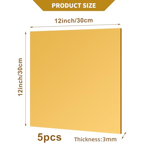 Image of 5 Pcs 12 x12 Inch Gold Acrylic Mirror Sheet, 1 /8 Inch Thick Opaque Glossy Mirror, Plexiglass Mirror Sheets with Protective Film, Rigid Mirror Acrylic Sheet for Sawing, DIY, Laser Cutting and Engraving