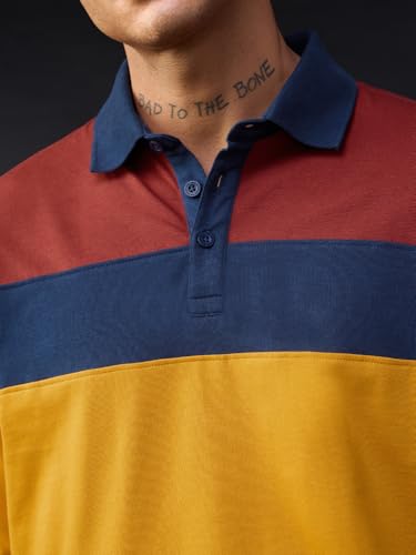 Image of The Souled Store: Pollen Men and Boys Long Sleeve Spread Collar Mustard Navy Brown Colour-Block Cotton Oversized Breathable Durable Lightweight All-Season Polos