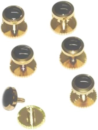Pack Of 6 Screw On Dress Shirt Studs - Black And Gold, zzzz-s, Non-Precious Metal, No Gemstone