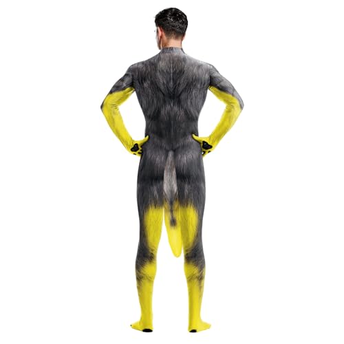 Image of Animal Full Bodysuit for Men Muscle Spandex Jumpsuit Furry Costume with Big Tail for Adult Cosplay Halloween Party