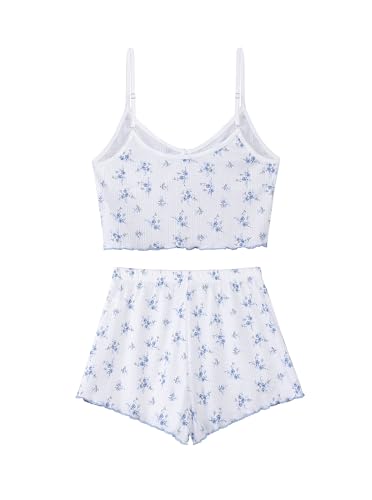 Image of Hilinker Womens Graphic Print Ribbed PJ Set Crop Cami Tops and Shorts Cute Pajamas Set