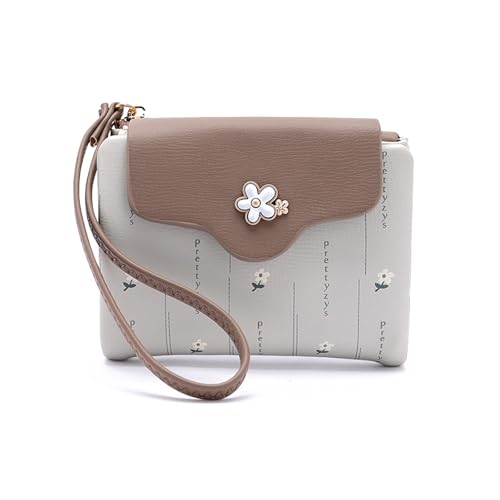 Small Wristlet Wallets for Women, Soft PU Leather Womens Credit Card Wallet Cute Flowers Small Zipper Wallet with Wrist Strap Coin Purse for Dating Traveling (Gray)