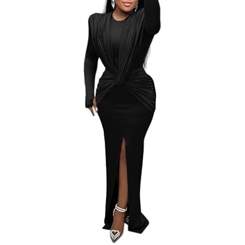 VWIWV Women's Long Sleeve Bodycon Dress Round Neck Split Slim Fit Thumb Hole Maxi Dresses Party Black Cover