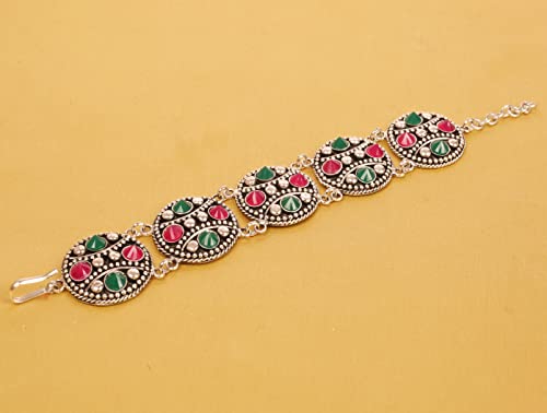 Image of Touchstone Indian bracelets for women mixed metal cuff crystal rhinestones bracelet handcrafted wrist enhancer free size designer in gold or oxidized white tone