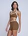OMEWEE Workout sets for women 2 piece: Fashion contrasting lines Sports Bra and Tummy Control Butt-lifting Shorts brown M