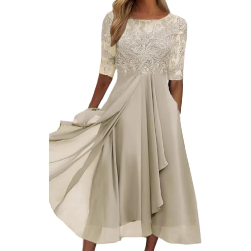 Vestido Midi Elegante de Gasa con Apliques de Encaje para Mujer, Manga Corta, Ideal para invitadas a Bodas, Fiestas y cócteles, Color Dorado, Talla XX Large.