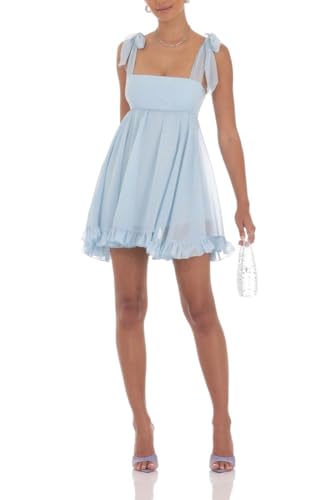 Image of Women Y2k Tie Shoulder Mini Dress Sleeveless Flowy Babydoll Dress Boho Floral Aline Short Sundress