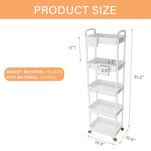 Image of 5 Tier Rolling Utility Cart with Handle,REBECAT Utility Cart Made of Multifunctional Storage Organizer Tool for Kitchen,Bathroom,Living Room,Office(White)