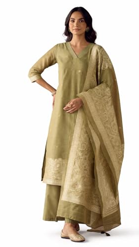 Image of FIORRA Women Green Cotton Jacquard Woven Kurta Set with Dupatta