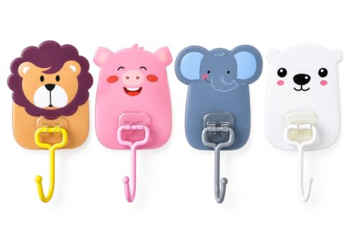 Image of Wall Mounted Cartoon Hooks 10Pc - Self-Adhesive, Cute Kid-Friendly Animal Design, Heavy Duty Multipurpose Sticky Hangers for Nursery, Kids Room, Bathroom & Kitchen