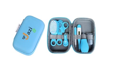 Baby Care - Kit de aseo 8 en 1 para recién nacidos, azul, yallow, estuche de viaje rosa con cortaúñas, cepillo para el pelo, peine, termómetro y más para bebés y niños pequeños, juego de manicura y