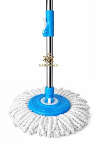 Image of 360 Degree Spin Mop with Extendable Handle, Microfiber Floor Cleaning System, Blue and White, Adjustable Rod with Refill Head