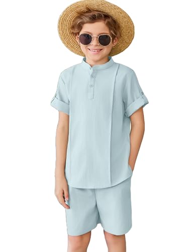 Image of Arshiner Boy's 2 Pieces Linen Sets Short Sleeve Henley Shirt and Shorts Summer Beach Matching Outfits 4-12 Years
