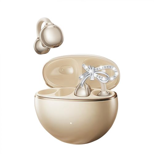 Micool Open-Ear Earbuds Bluetooth 6.0 with Crystal Bow Earring | Clip On Headphones Wireless, 48h Battery Life, Waterproof for Comfortable All-Day Wear (Beige)