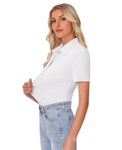 Image of siliteelon Womens Button Down Shirt Slim Fit Stretch Short Sleeve Dress Shirt Wrinkle Free Collared Business Work Blouse Top
