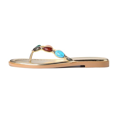 Image of DREAMSTORY Womens Beaded Flip Flops Beach Jeweled Thong Sandals | Open Round Toe, Slip on, Colorful Gemstones Embellished, Fashionable Summer Beach Style, Casual Flat Studded Shoes