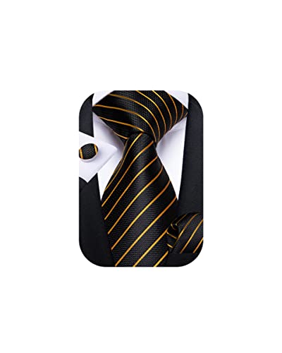 Image of DiBanGu Striped Tie Set for Men Silk Woven Plaid Necktie and Pocket Square Cufflinks Business Wedding