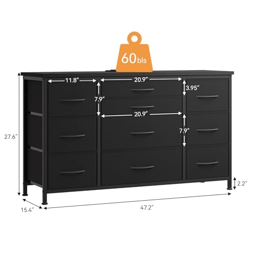 Jojoka Wide Dresser with 10 Large Drawers for 55'' Long TV Stand with Power Outlet Entertainment Center, Storage Fabric Drawer Unit for Bedroom, Closet, Entryway, Sturdy Metal Frame, Black