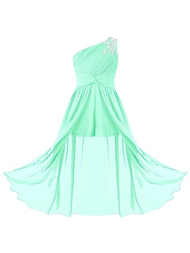 renvena Kids Flower Girls Beaded Wedding Dress One Shoulder Ruched Chiffon Romper with Maxi Skirts