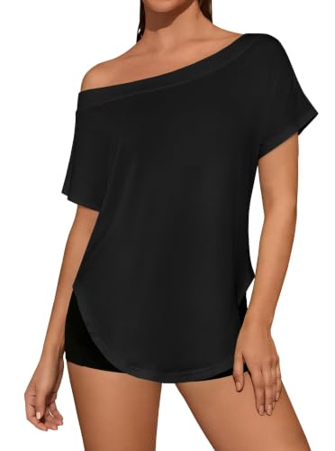 Image of Hilinker Women's Sheer Off The Shoulder Tops See Through Sexy Short Sleeve Mesh Shirt Summer