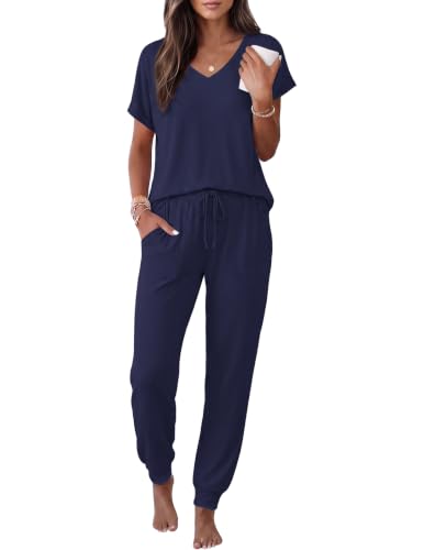 Image of Ekouaer Pajamas for Women Set Short Sleeve Lounge Set Jogger Pants Pjs Soft Sleepwear with Pockets S-XXL